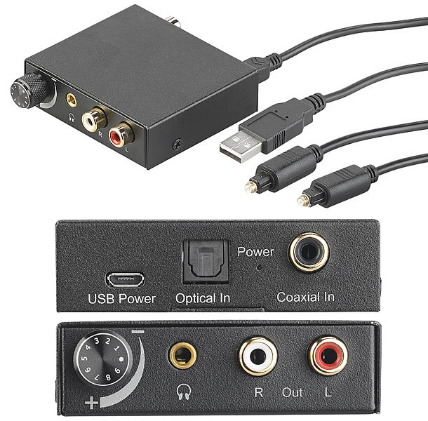 Convertisseur audio numérique (TOSLINK/coaxial) vers analogique (cinch)